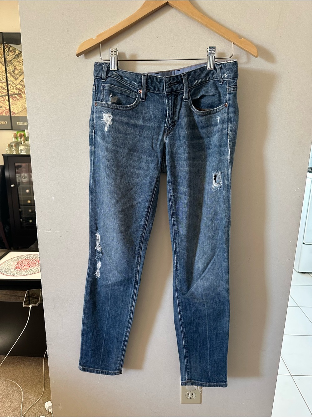 GAP Skinny Distressed Jeans - Dark Blue, length 36”